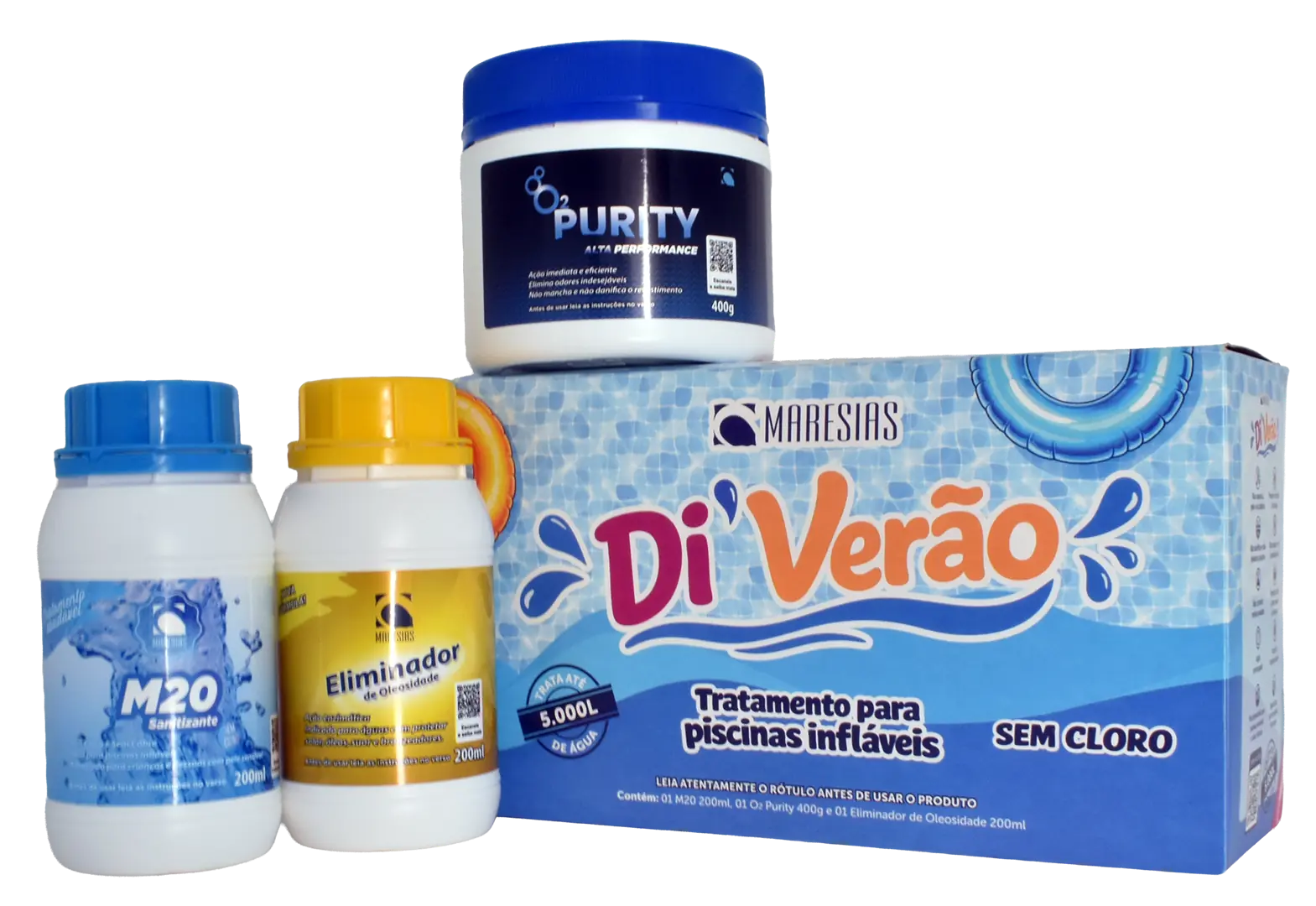Packshot original do kit Di'Verão com caixa, O2 Purity, M20 Sanitizante e Eliminador de Oleosidade