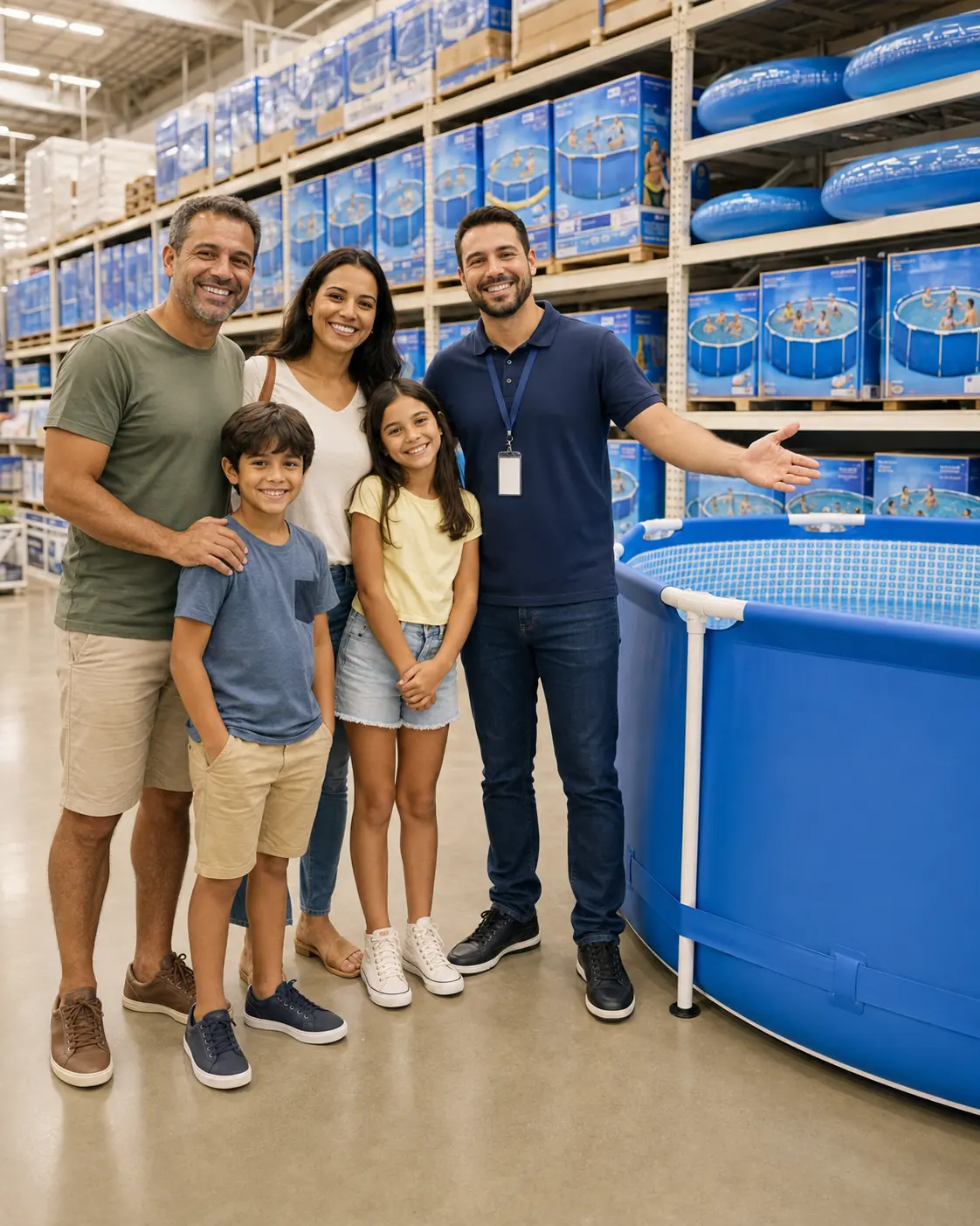 Família sorridente com vendedor no corredor de piscinas de um home center