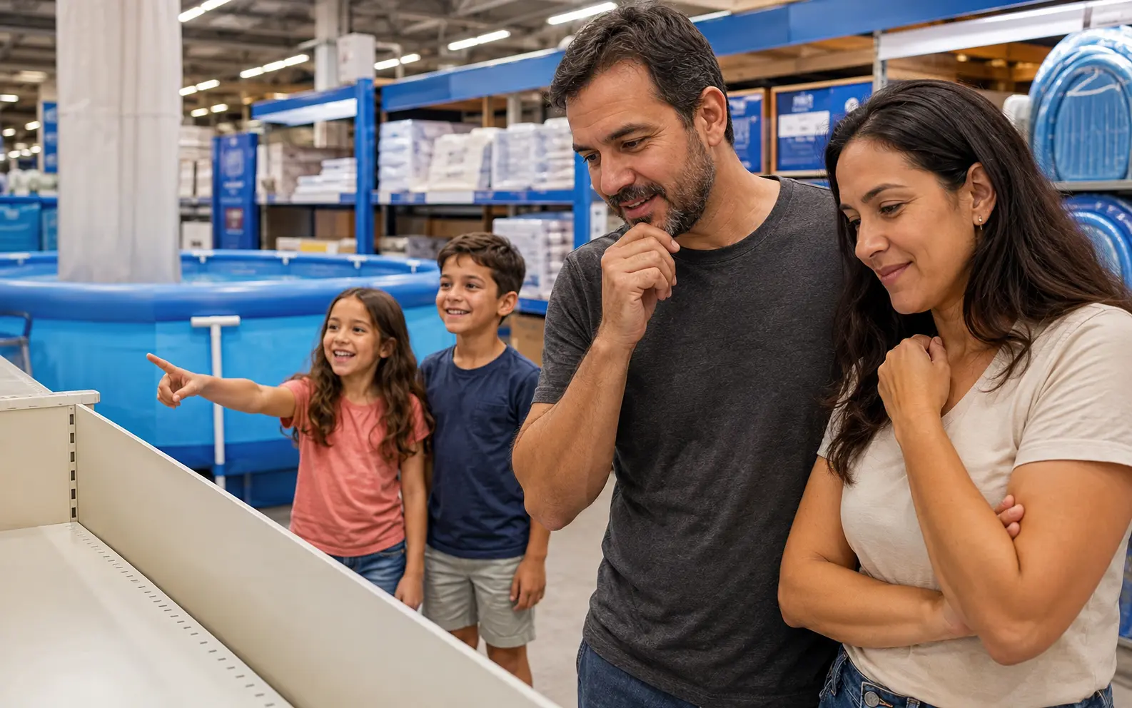 Família escolhendo uma piscina em um home center enquanto os adultos avaliam o Di'Verão