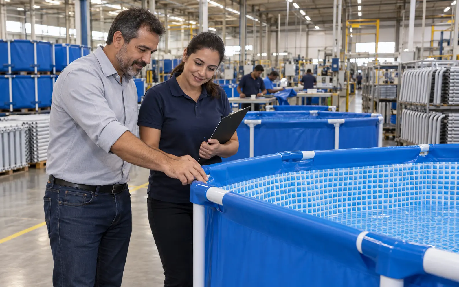 Gestores inspecionando uma piscina finalizada dentro da fábrica