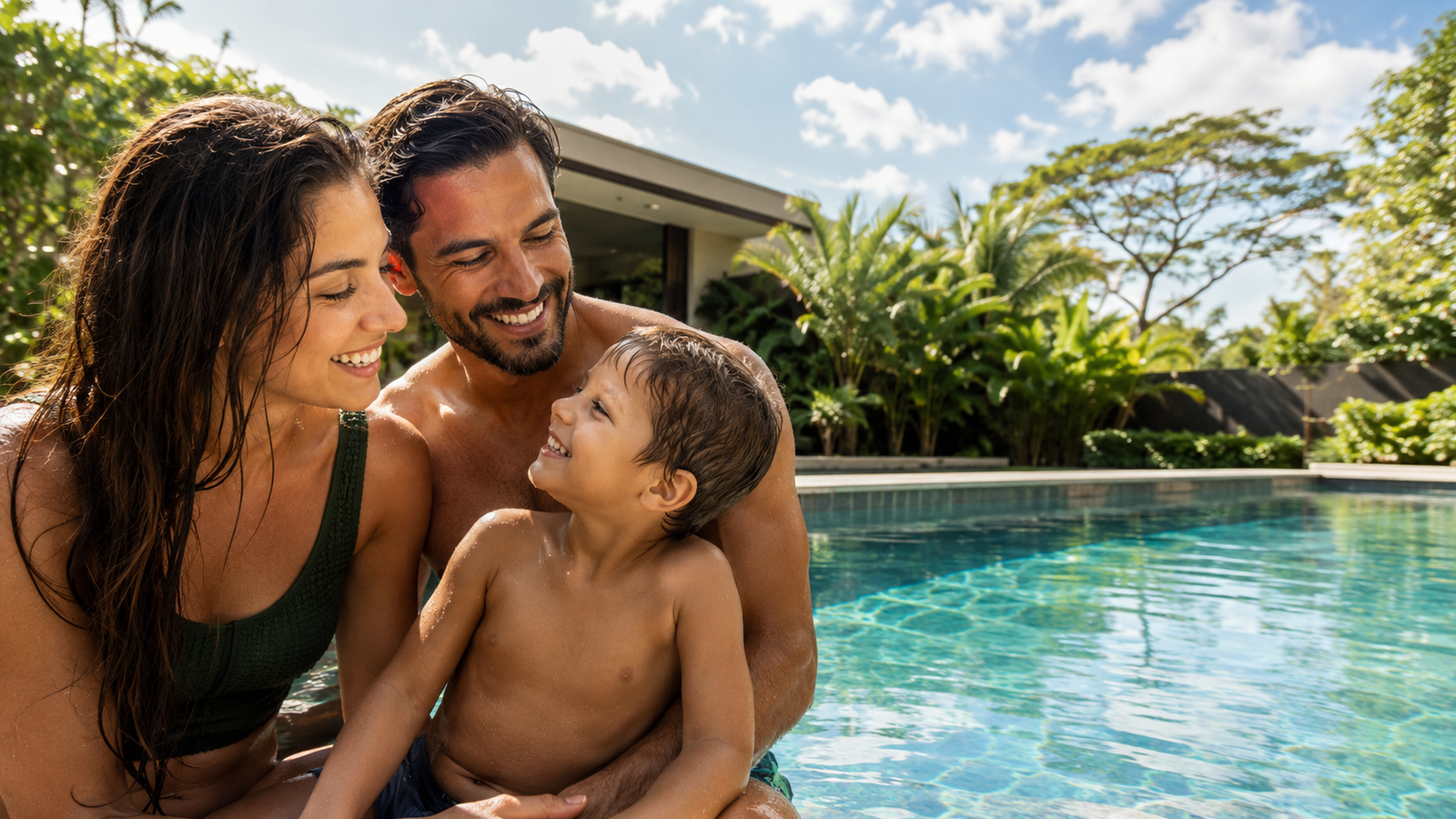 Família feliz na piscina