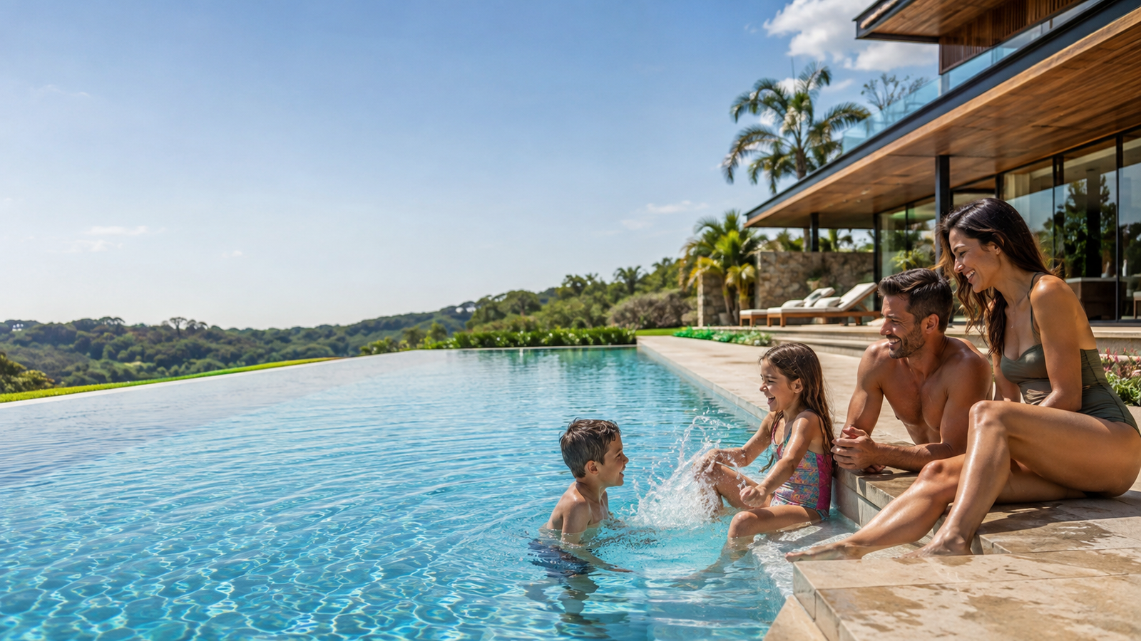 Família aproveitando piscina cristalina