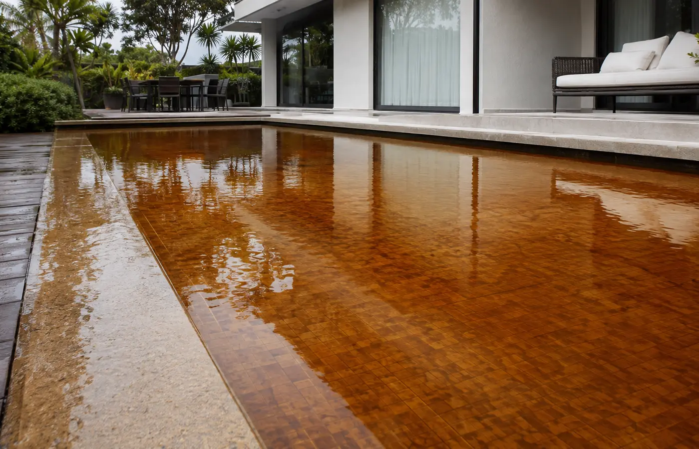 Exemplo de água marrom em piscina